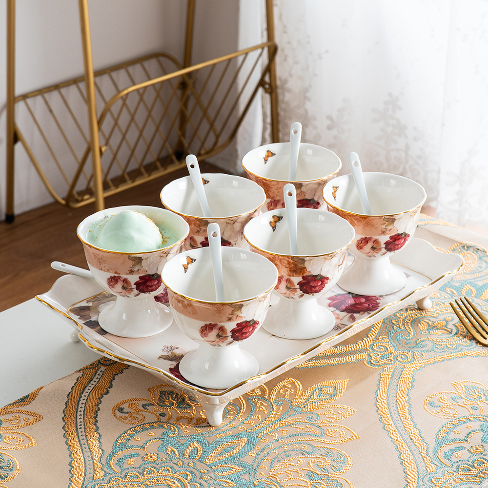 Decal Flower shape ceramic icecream cup with spoon set