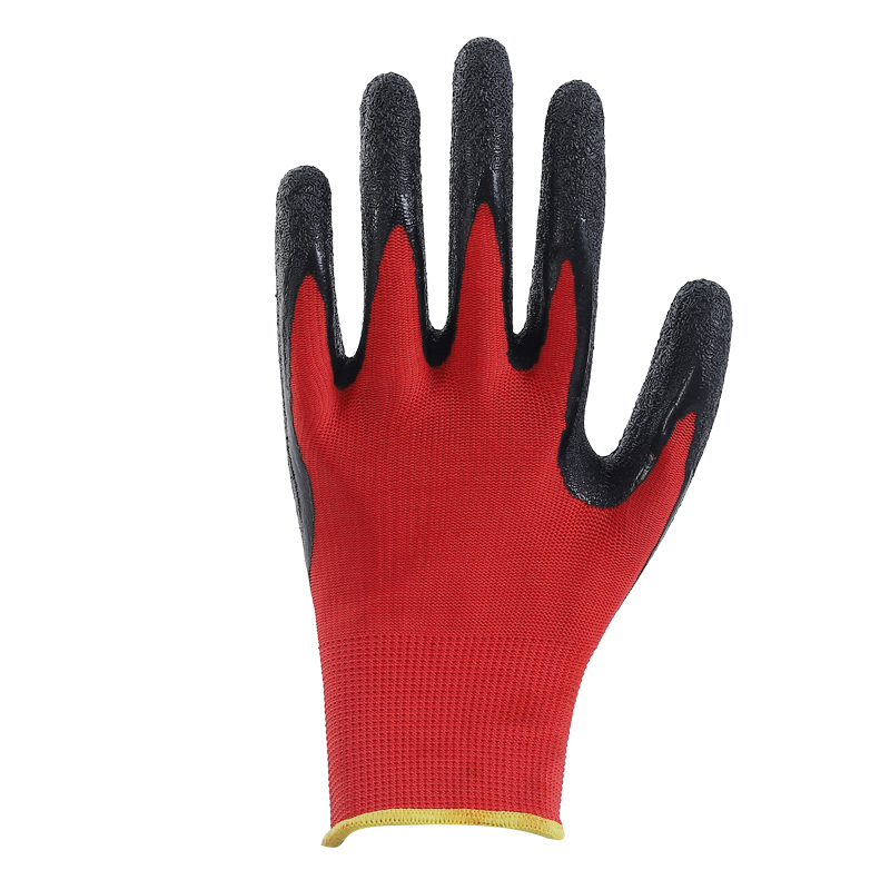 13 gauge red polyester liner with black latex crinkle finished palm coating glove