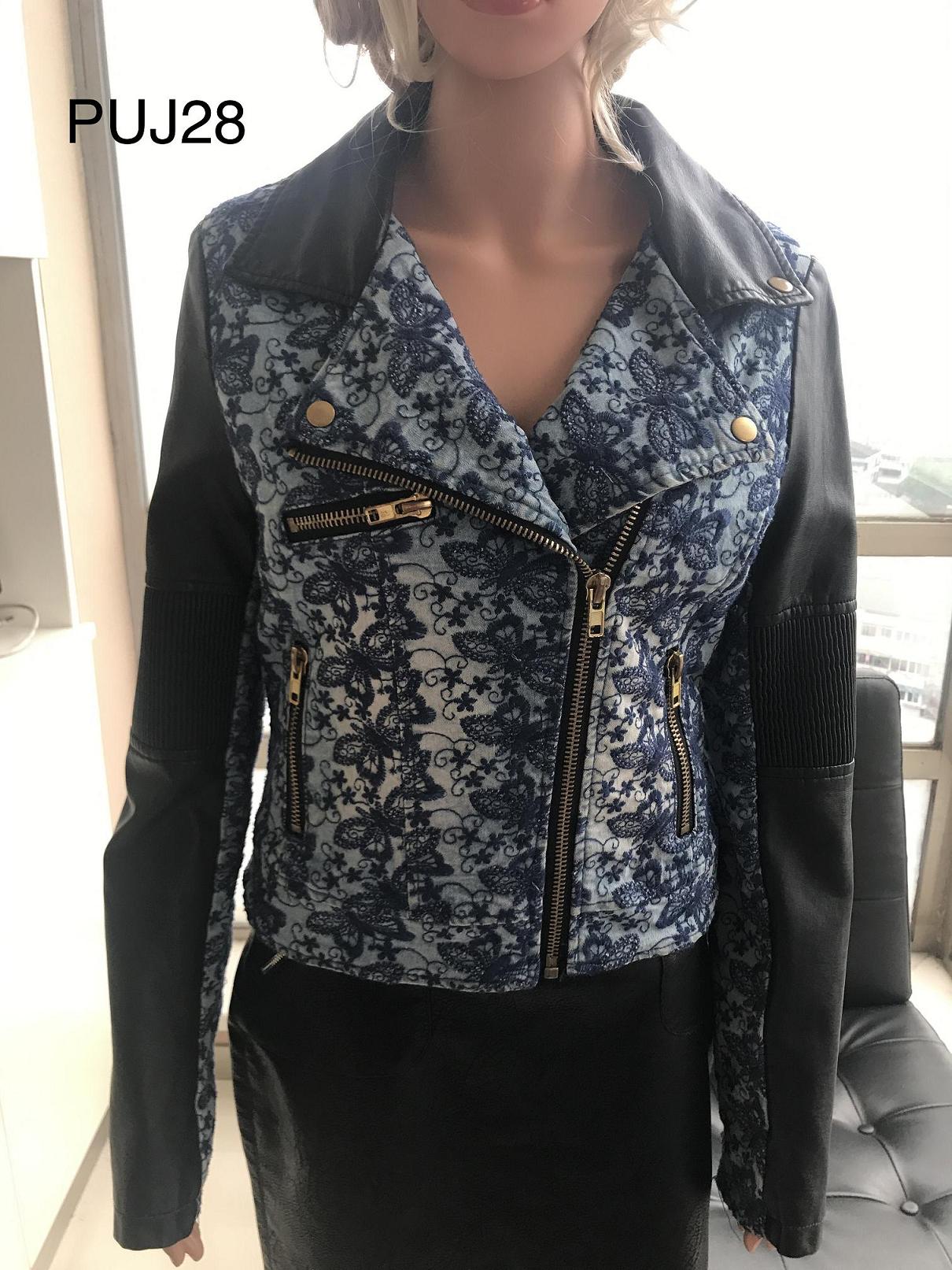 Ladies Print Embroider With Denim Pu Jacket