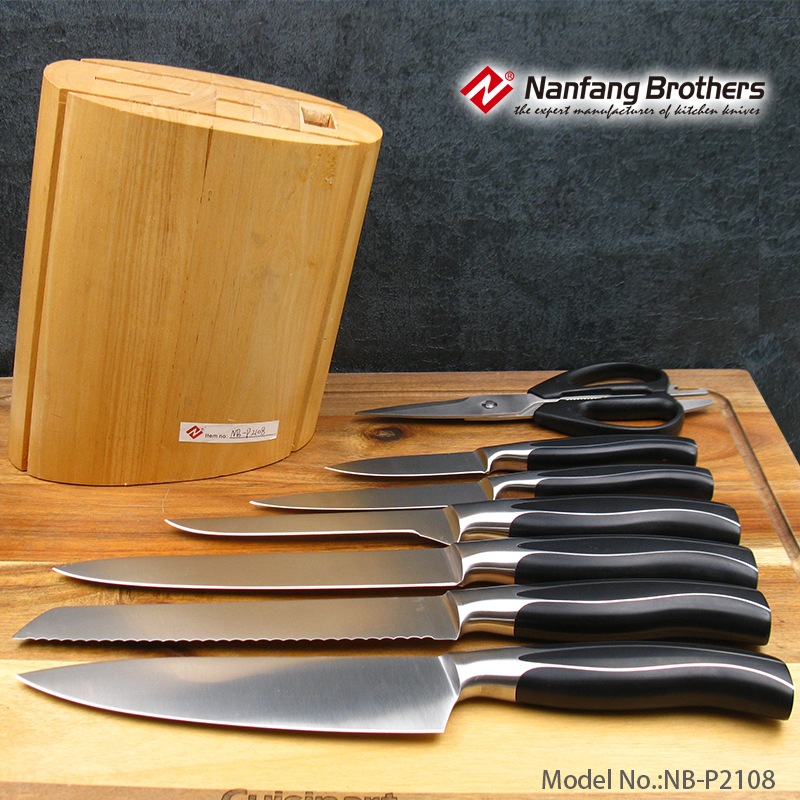 8-piece kitchen knives set with Rubber wood block & ABS forged handle.