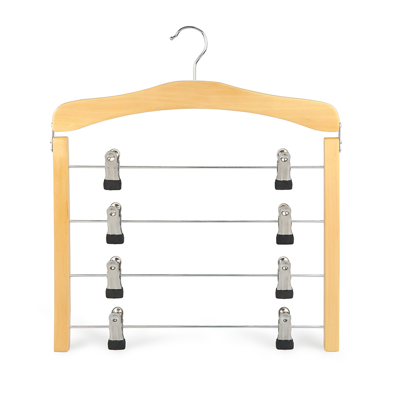 Multifunction space-saving wooden pants/slack hanger rack with 4 tiers of metal clips