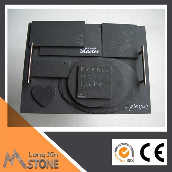Chinese natural black slate cheese board 40X30 CM with stainless steel handles
