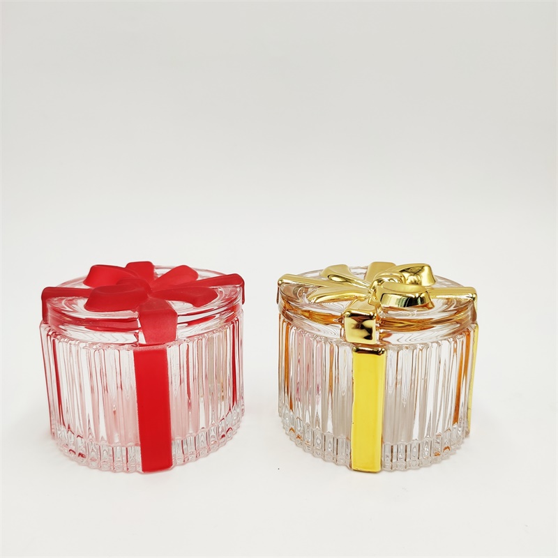 Bowknot decor cylinder shaped glass candle jar with hand drawing color