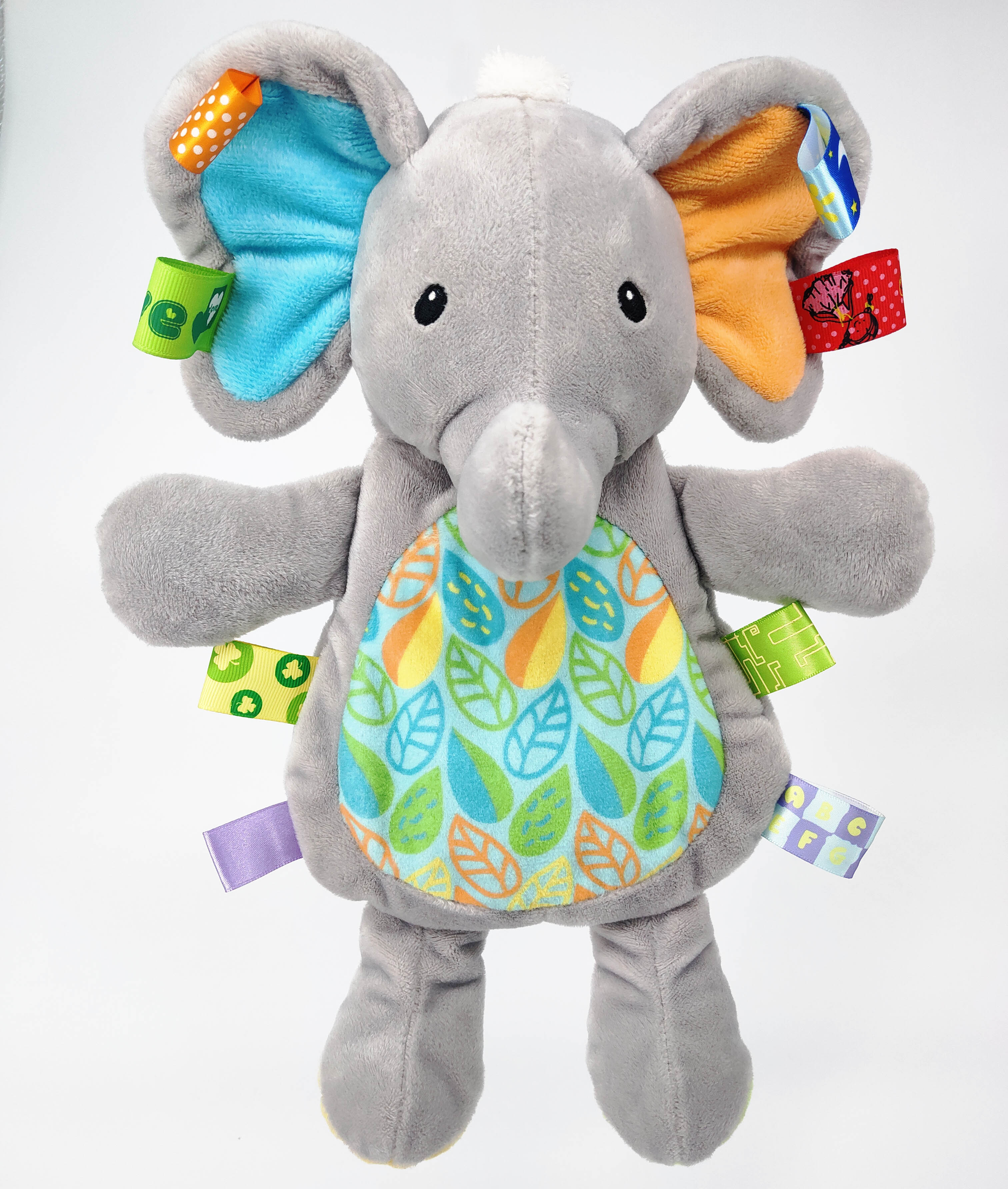 baby comforter toy with different colorful lablesand plastic bead