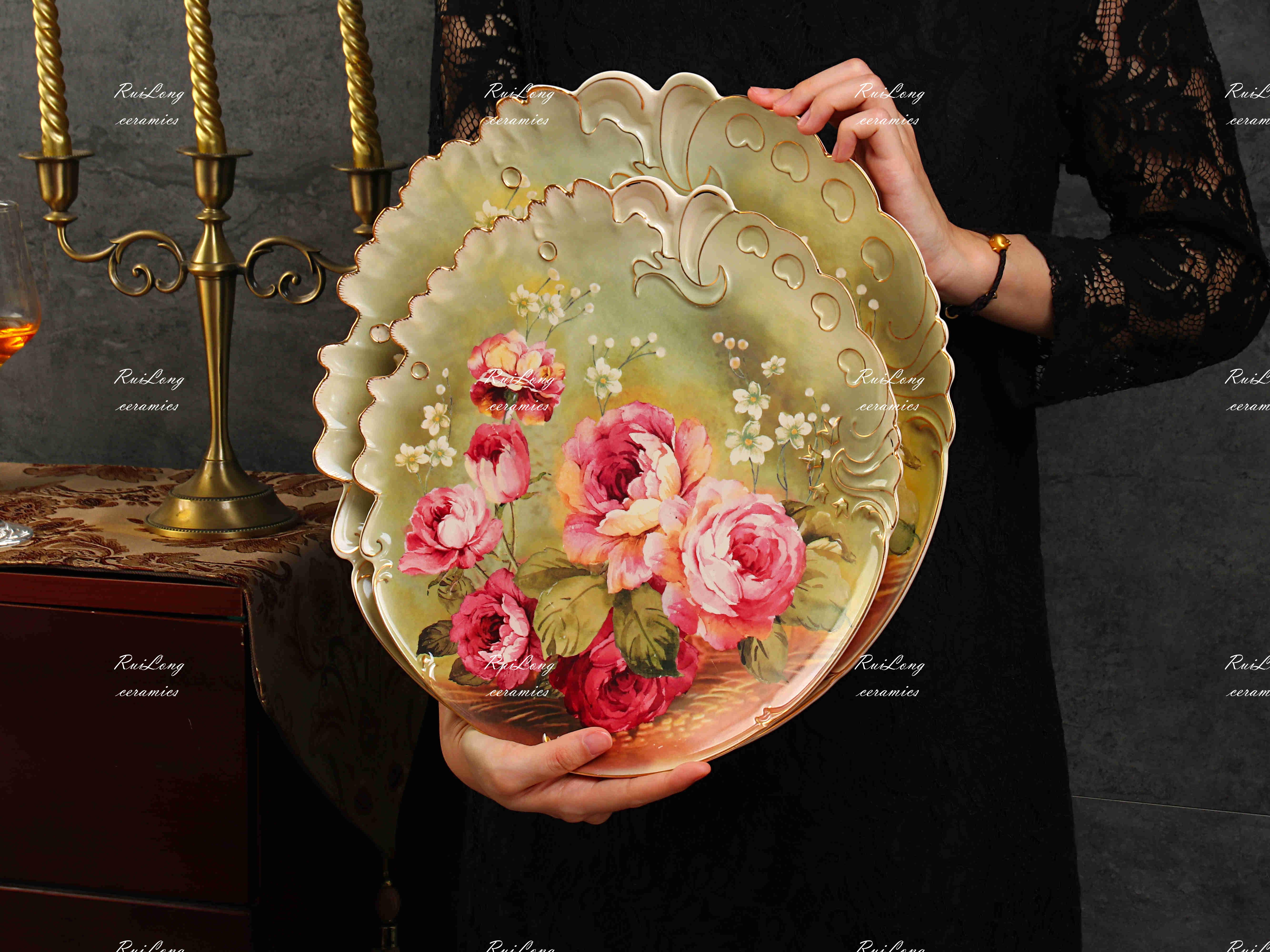 New Design European Bone Porcelain Floral Fancy Red Ceramic Dinner Plate