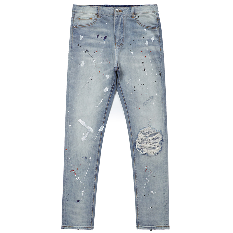 Special design high street denim jeans knee hole ripped jeans pants painting man jeans trousers G2134