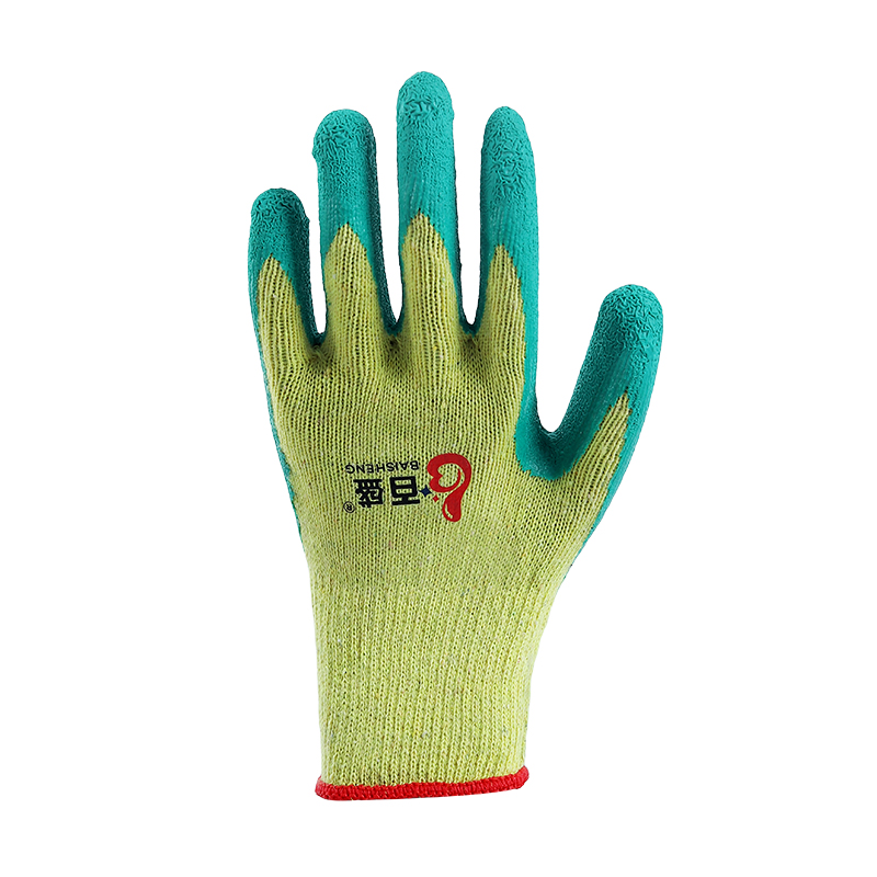 10 gauge 2 thread yellow polycotton liner with green latex crinkle finished palm coating glove