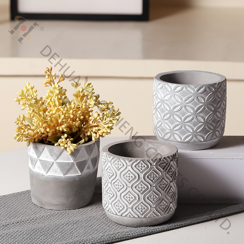 Cement Round shape flower Pot with embossed pattern