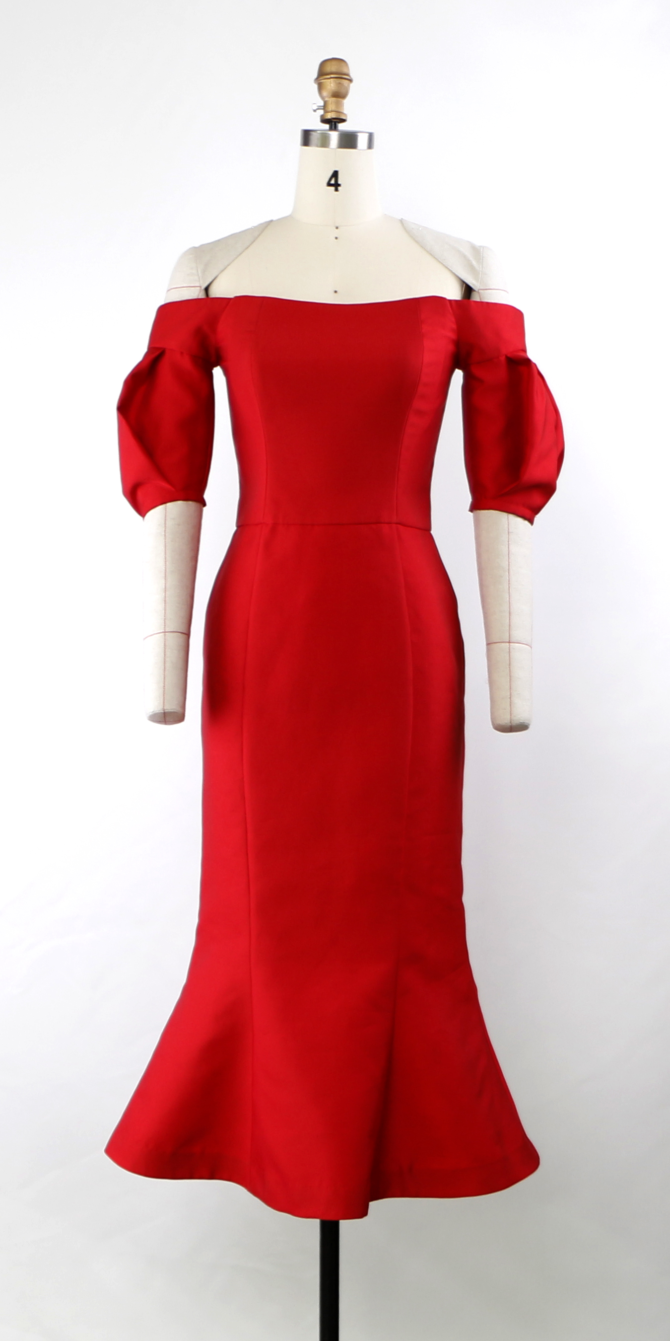 Women's Off The Shoulder pleating Sleeve Mikado Evening Party Bodycon Mermaid Skirt Midi Dress
