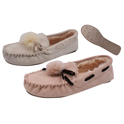 Ladies Moccasin Slipper With Two Pompoms