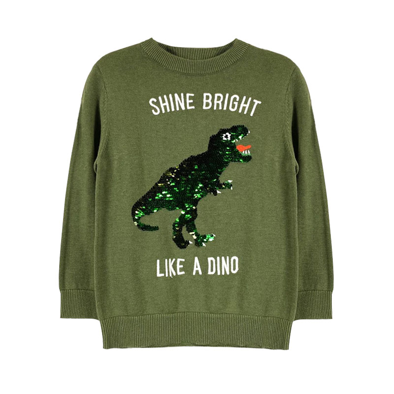 Boys' 100%cotton Casual Long Sleeve Sequin Dinosaur Crew-neck Sweater Pullover