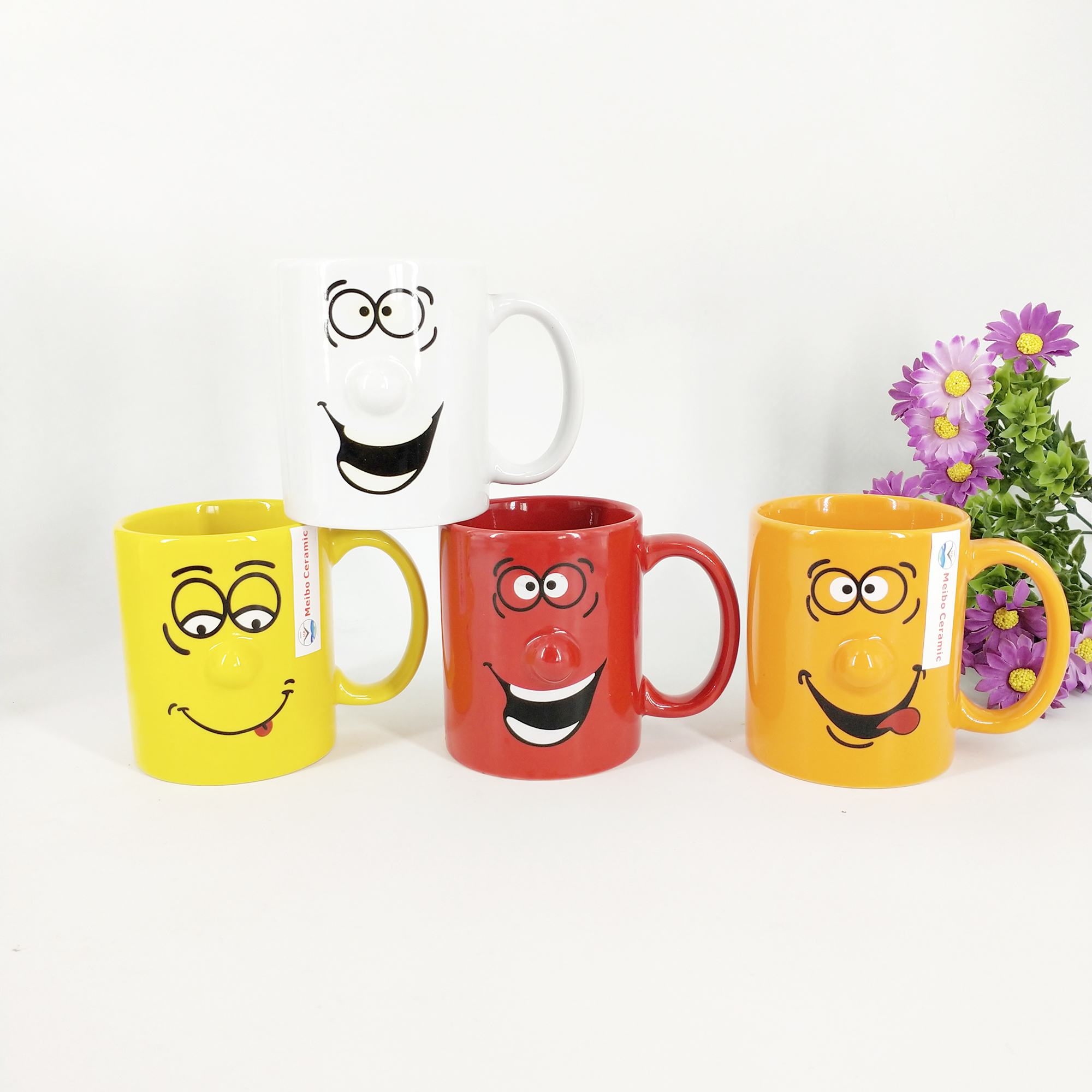 11oz solid color glazed embossed nose soup cup with smile face