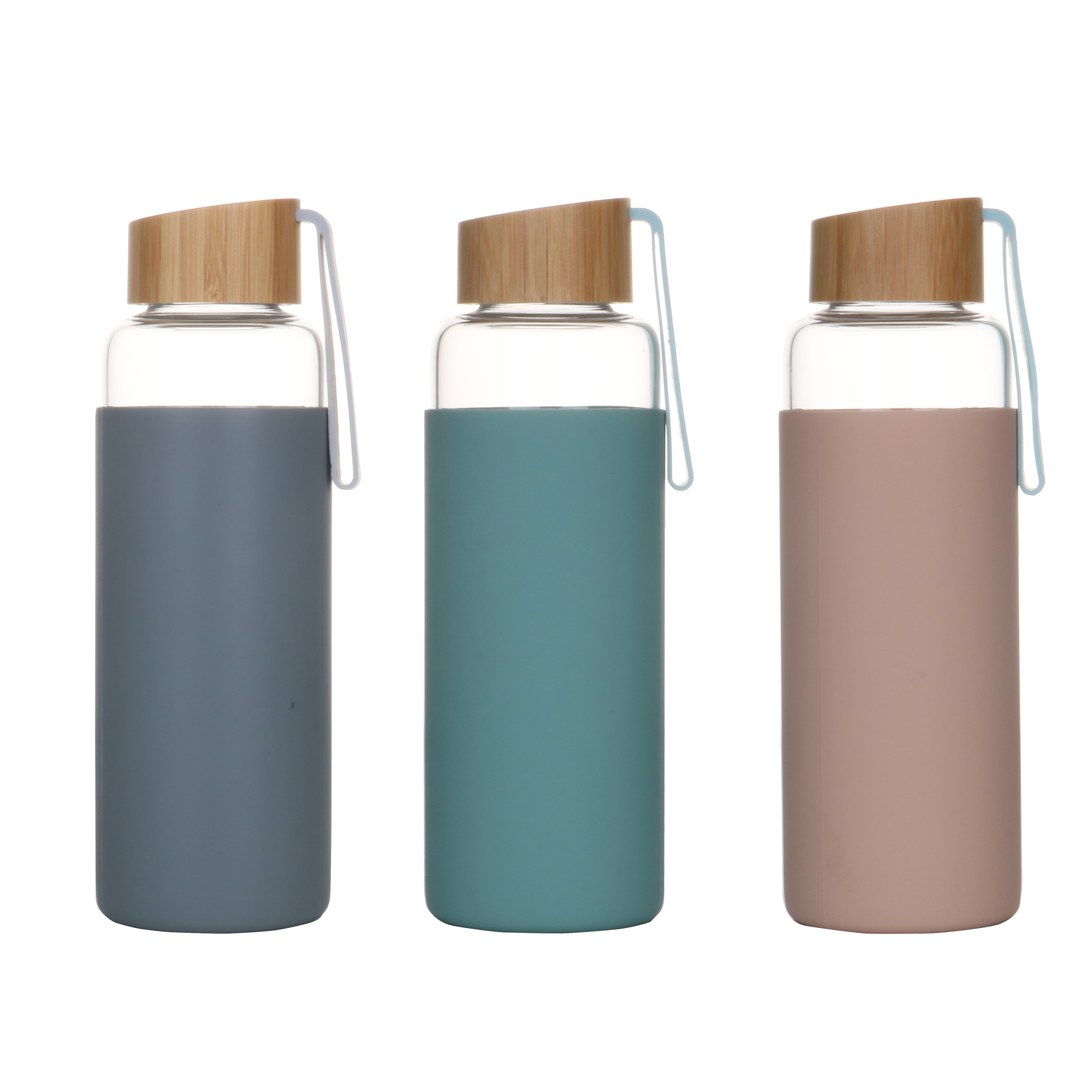 Food grade high borosilicate glass bottle with bamboo lids and silicone sleeve