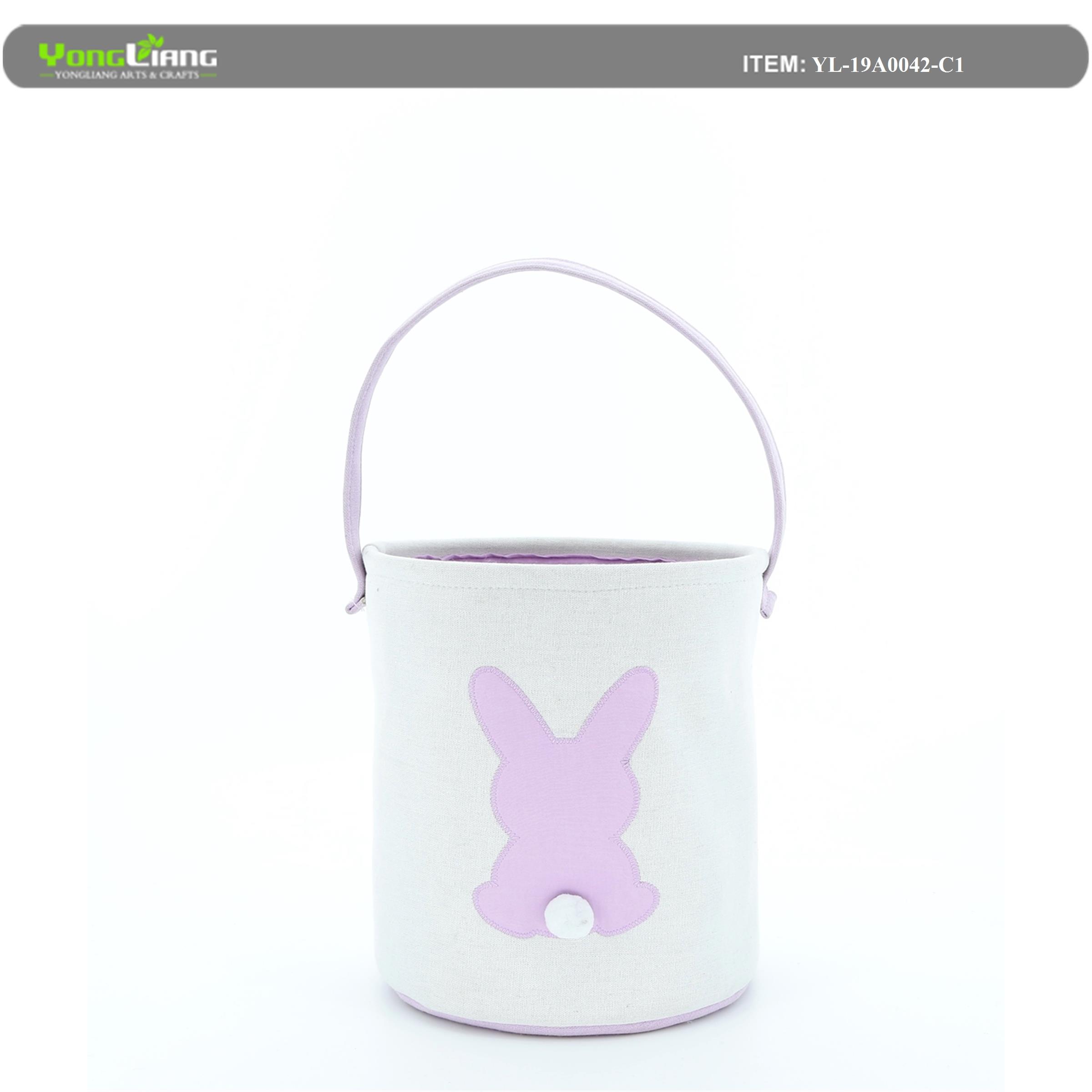 Easter Bunny Basket Egg Bags for Kids,Canvas Cotton Personalized Candy Egg Basket Rabbit Print Buckets with Fluffy Tail Gifts Bags for Easter