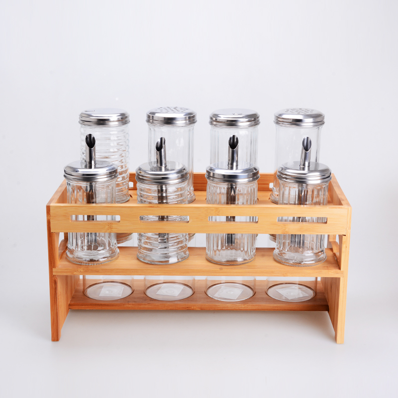 Spice Rack with Clear Glass Spice Jar Set on wood stand and bamboo cradle