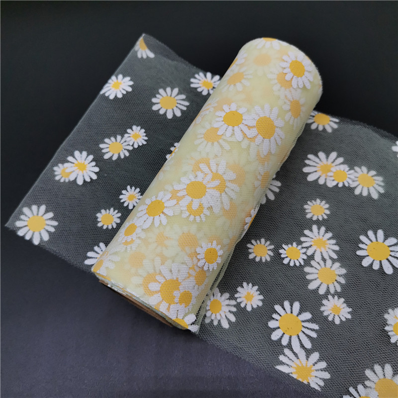 6 Inch Foil Tulle Rolls Wholesale With Daisy Offset Print Polyester Tulle Fabric