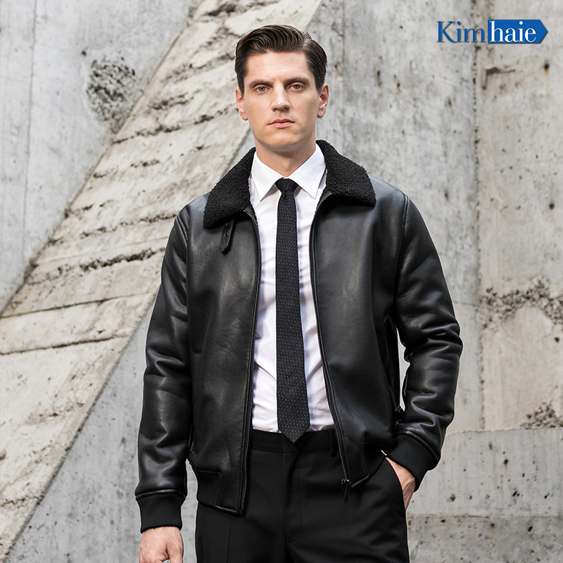 Mens black fake leather Teddy fur collar rib cuff and bottom metal buckle loop warm fashion jacket