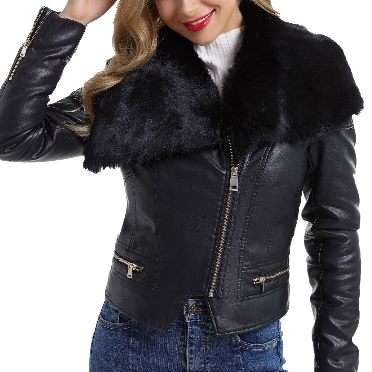 Women's Faux Leather Jacket, Zip Up Moto Biker Coat, Short PU Motorcycle OutwearR18-217