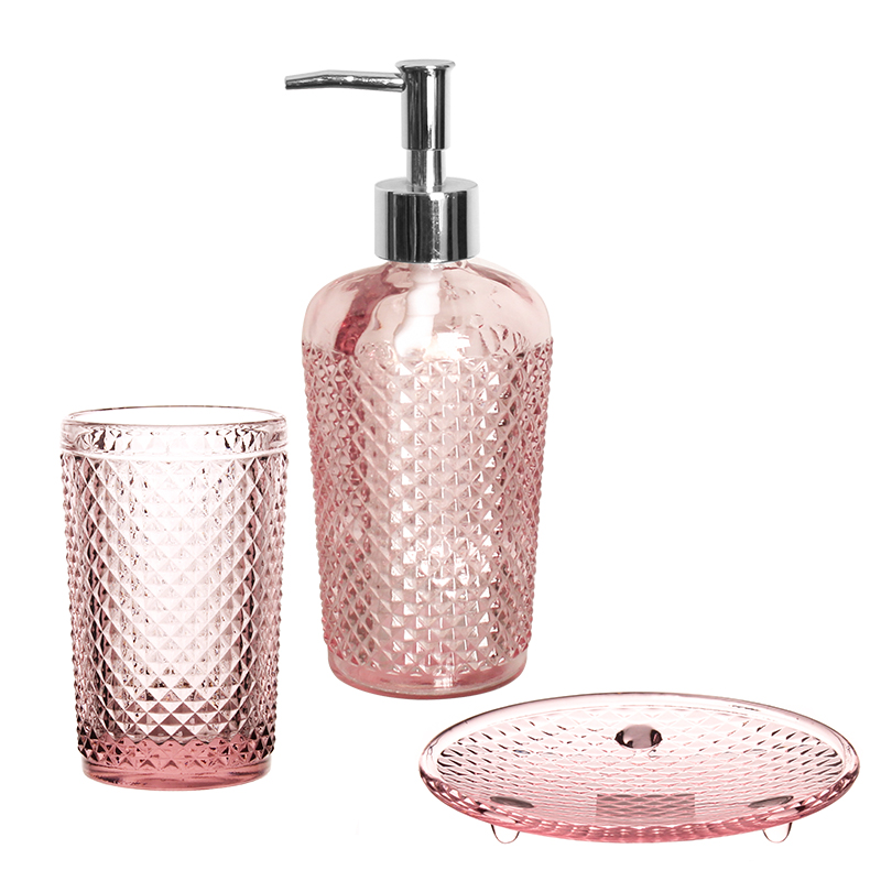 Glass bathroom accessory set in pink color