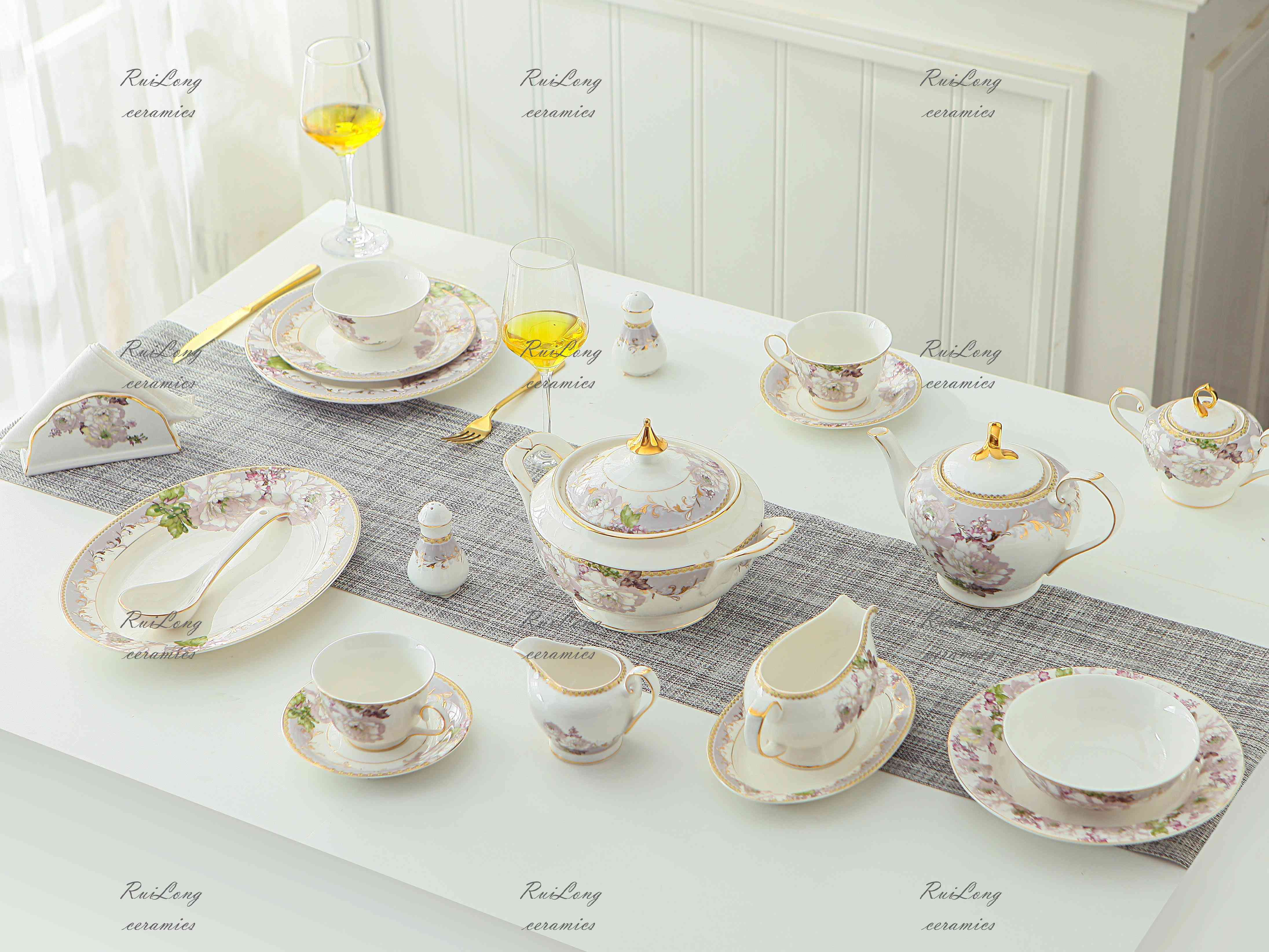 New porcelain dinner plate golden rim purple pattern luxury ceramic tableware