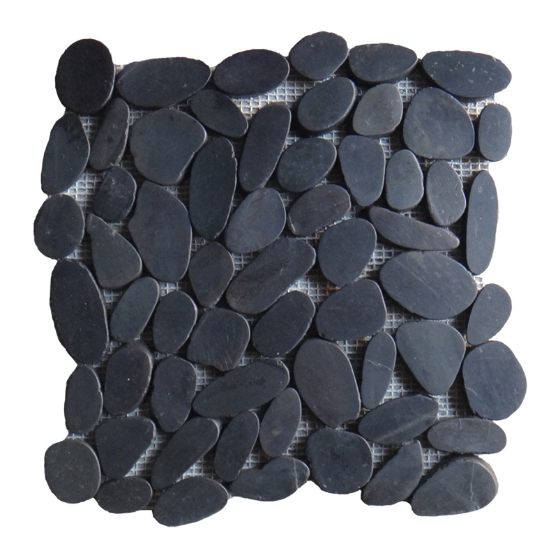 Black Sliced Stone Pebble Mosaic With Mesh Back For Floor