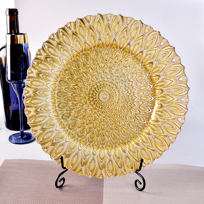 Colorful peacock feather pattern glass charger plate, color can be customized, glass kitchen supplies