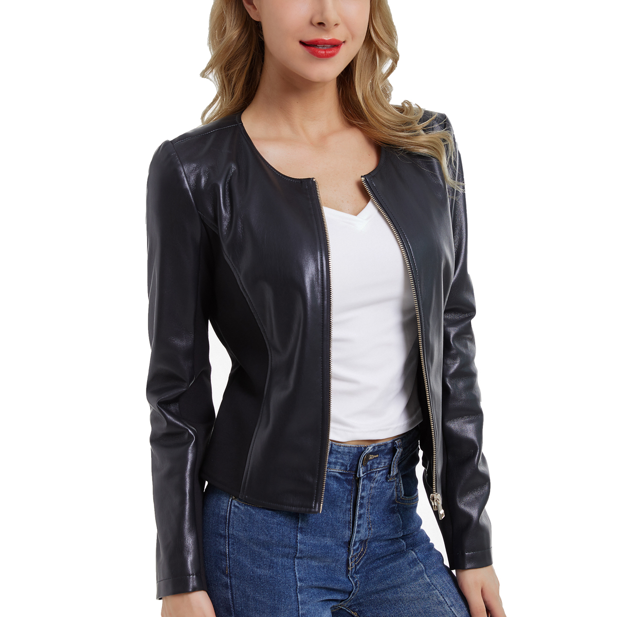 Women's Faux Leather Jacket, Zip Up Moto Biker Coat, Short PU Motorcycle OutwearR18-154