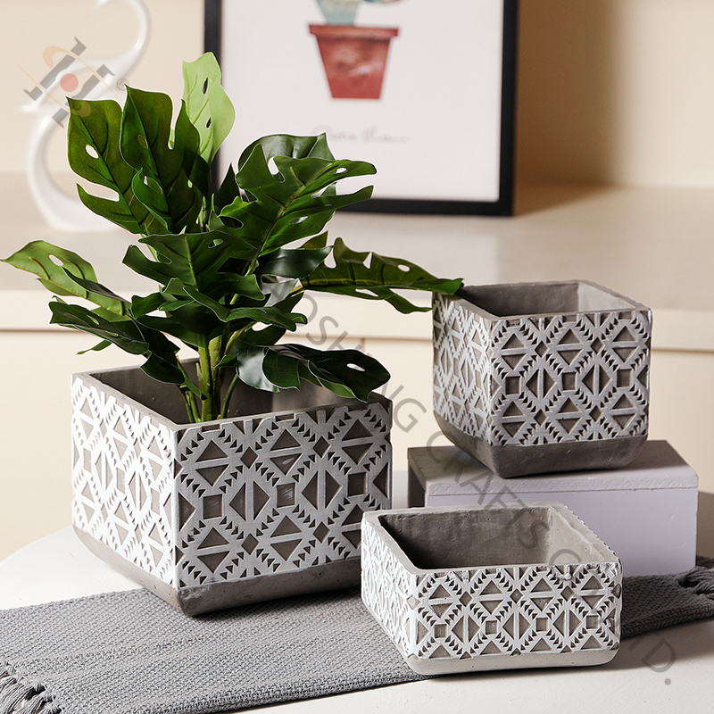 Cement planter with embossed pattern