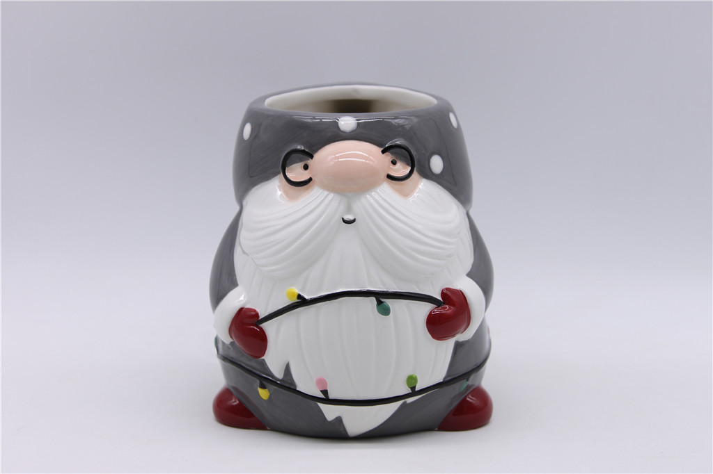 Black Ceramic Gnome Mug Grey, Black Hand-painted Christmas Mug Grey