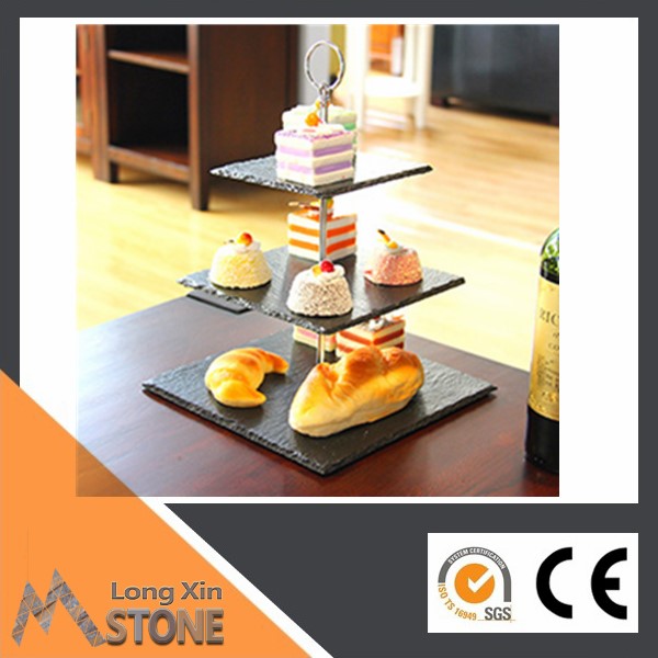 Chinese natural square black board slate cake stand 3-tier
