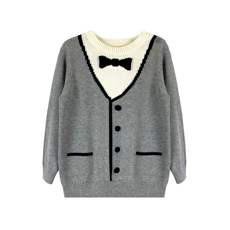 Boys' 100%cotton Casual Long Sleeve Crew-neck little gentleman jacquard Knit Sweater Pullover