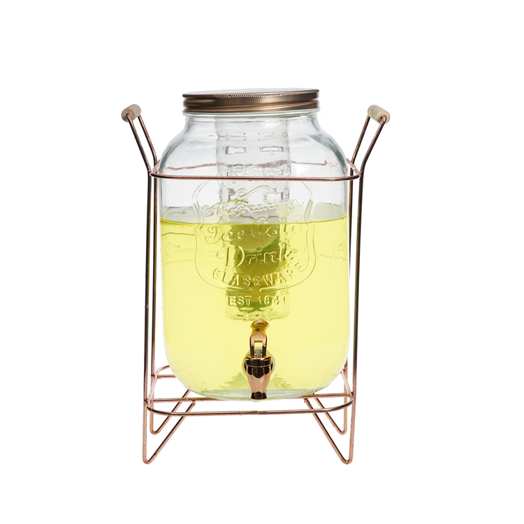 1 Gallon Glass Beverage Dispenser with Ice and Fruit Infusers, Spigot and Metal Lid