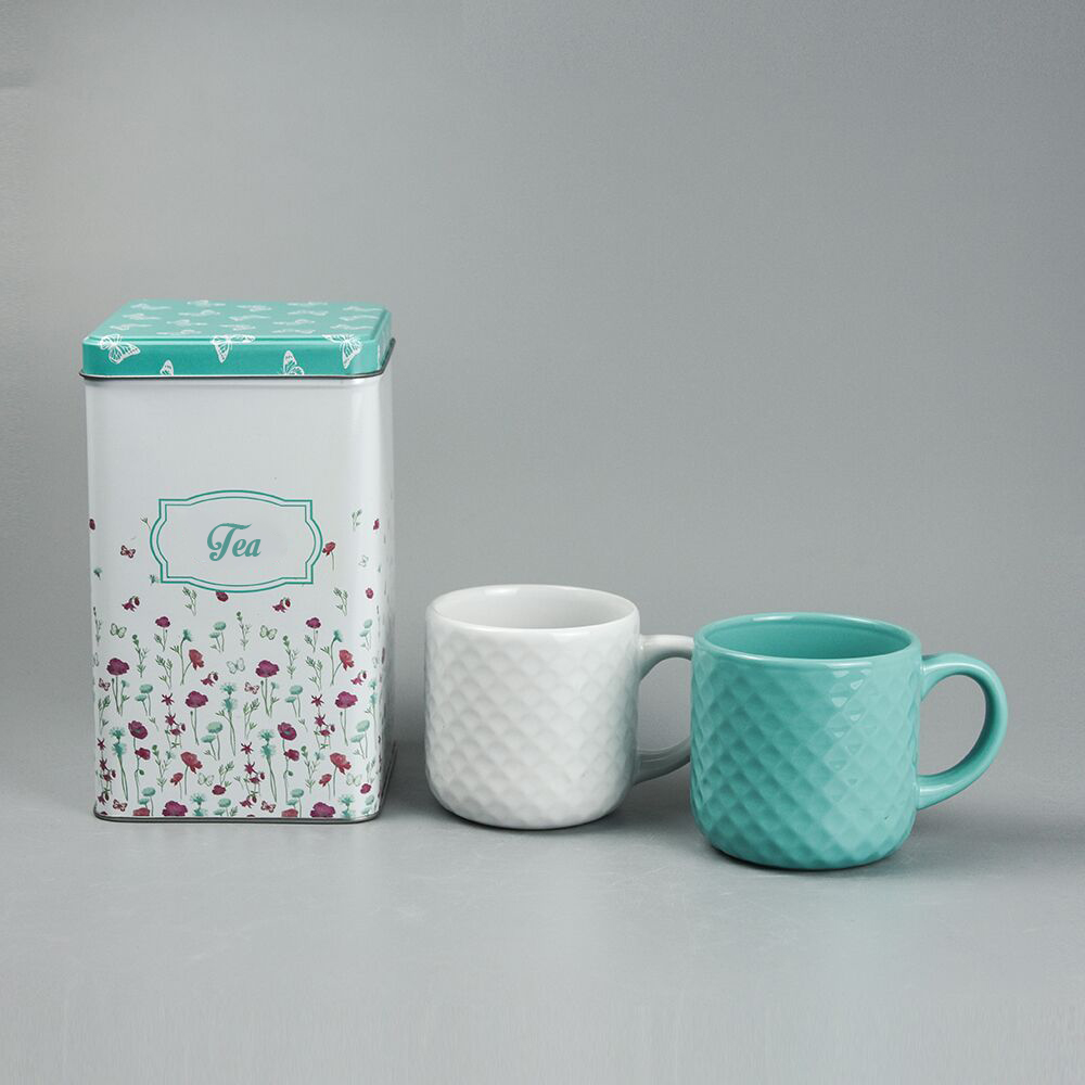 set of two stoneware embossed coffee mug ceramic mug with iron box gift set