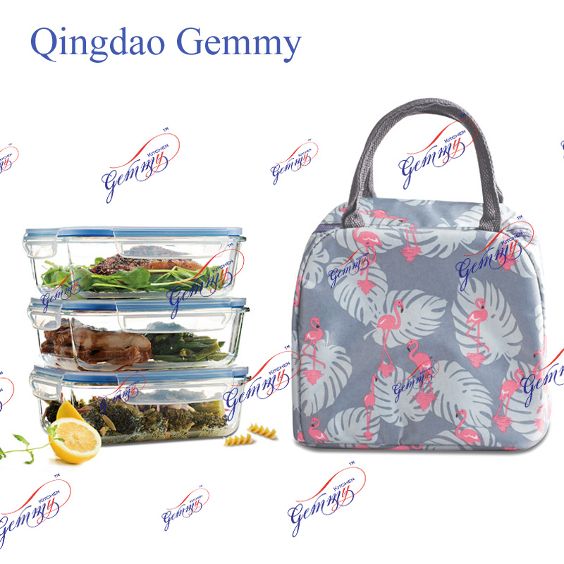 3pieces Rectangle High borosilicate glass food container leak proof, freezer, microwave, ovenware safe in lunch bag