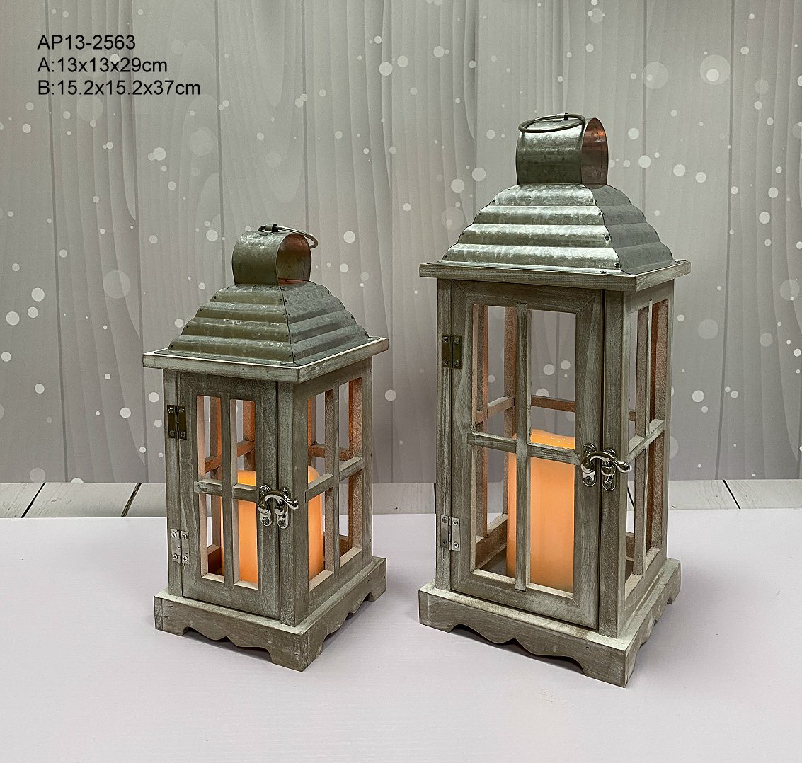 wooden glass lantern with LED candle