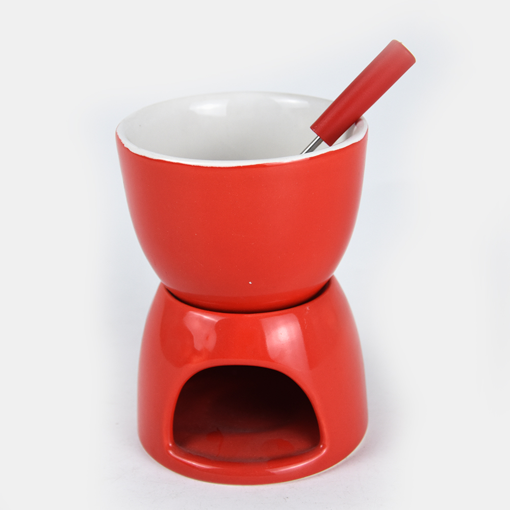 Stoneware round fondue set with stainless steel folks