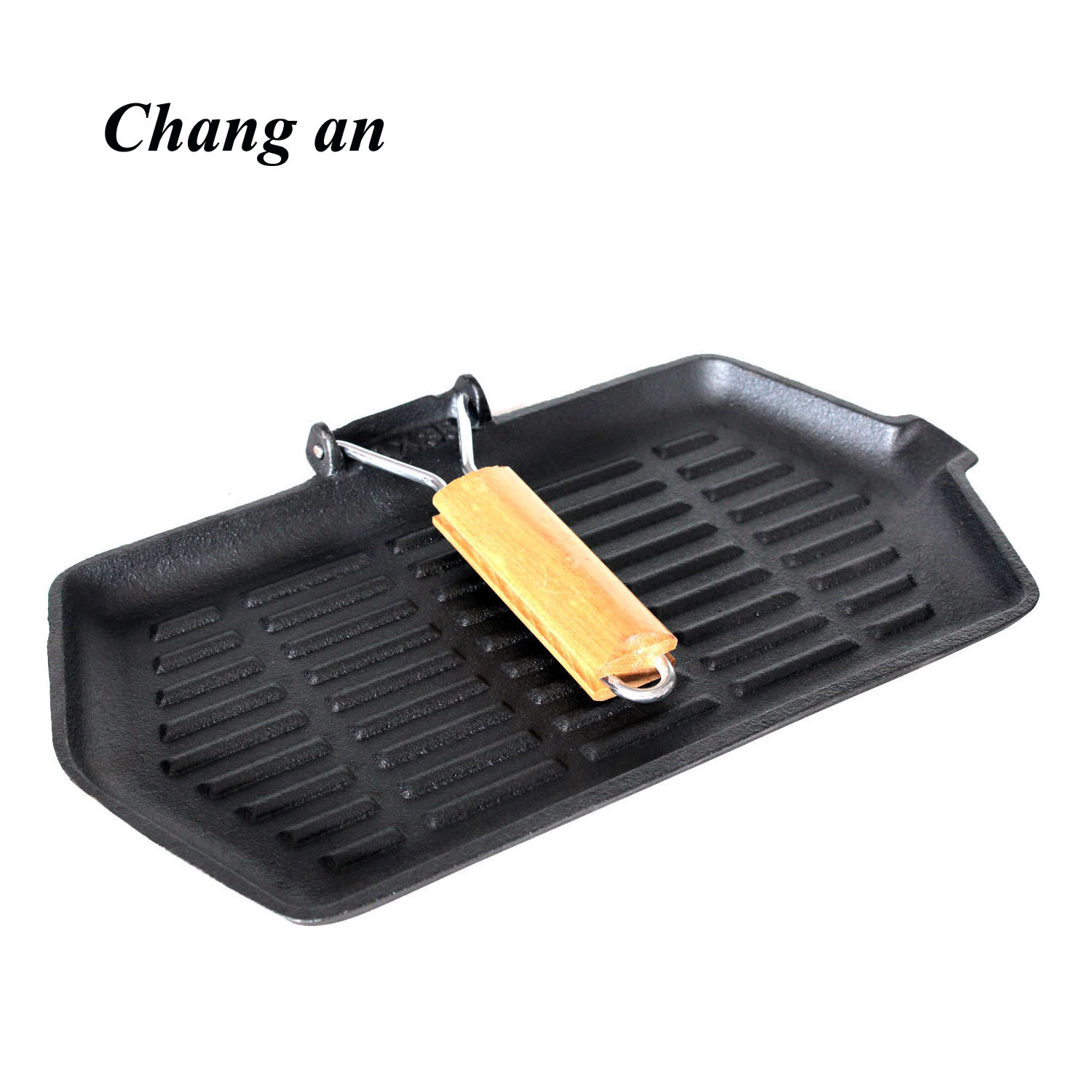 cast iron griddle with wooden steel handle