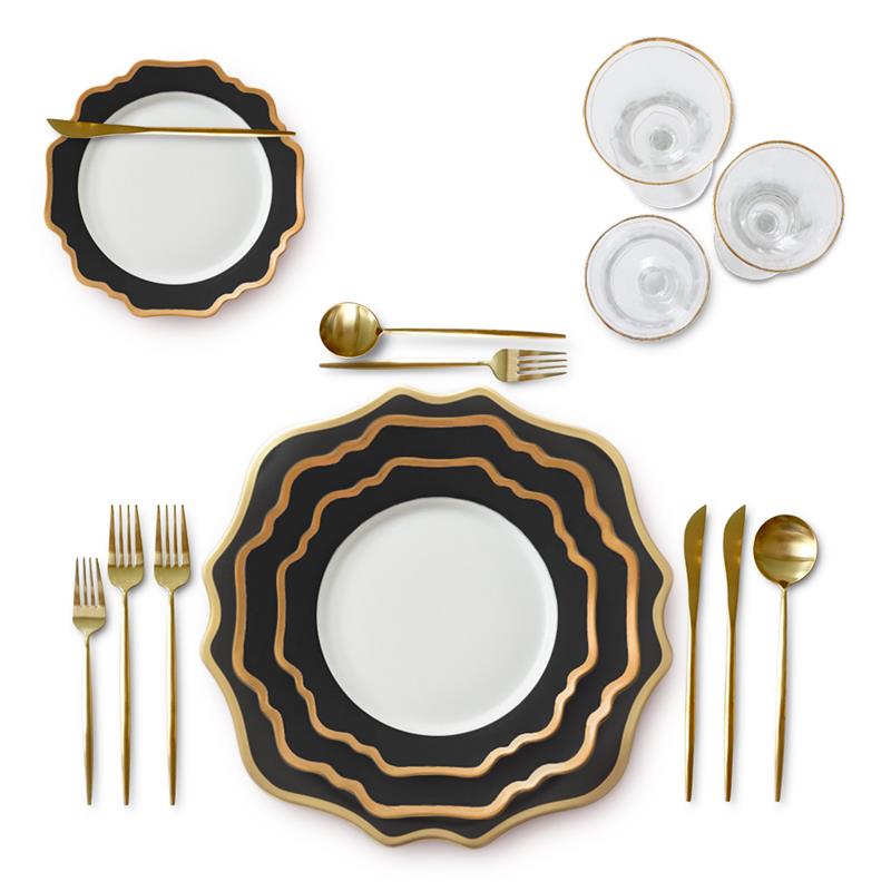 Black with gold rim sunflower plates