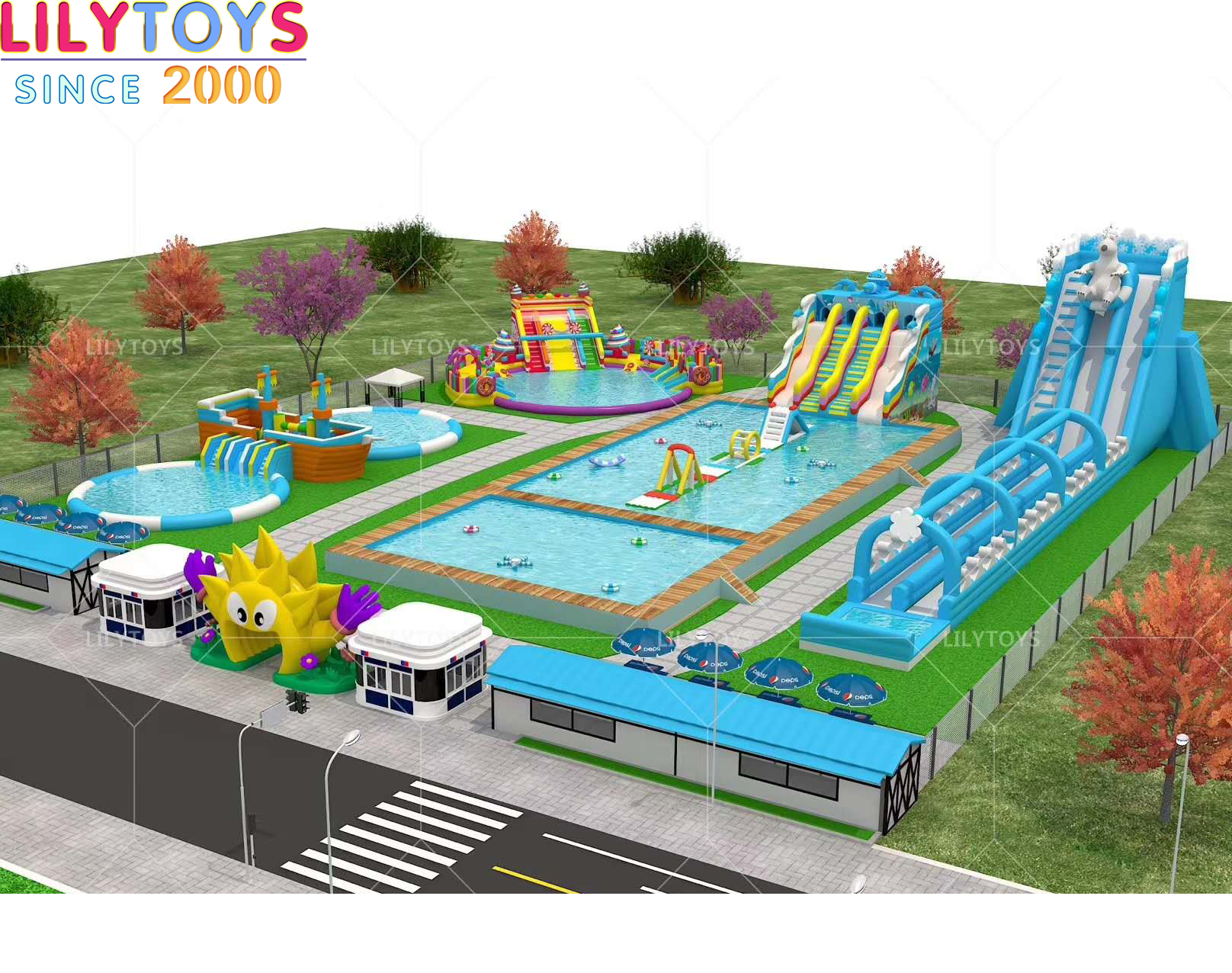 large inflatable land water park with big swimming pool
