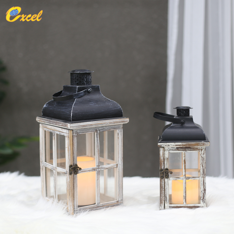 wood lantern with metal and glass
