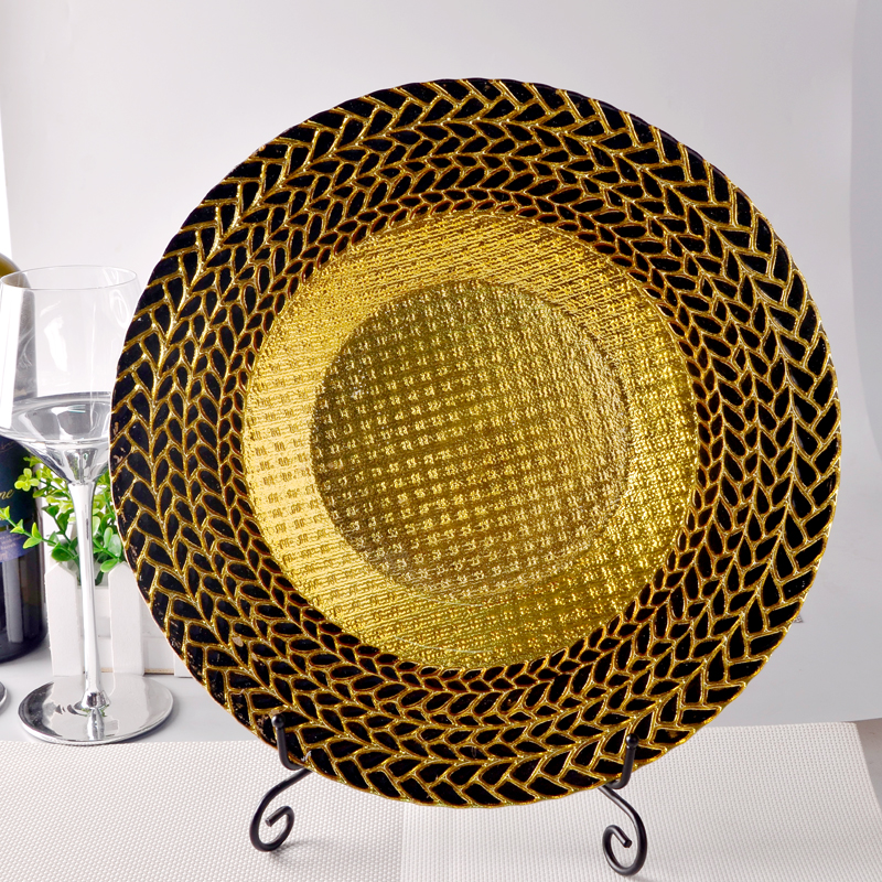 Black+gold wheat grain pattern glass plate, 13 inch glass charger plate