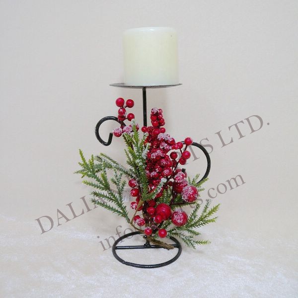 Iced Pine W/Red Berry Candle Holder*green/Red*25cm