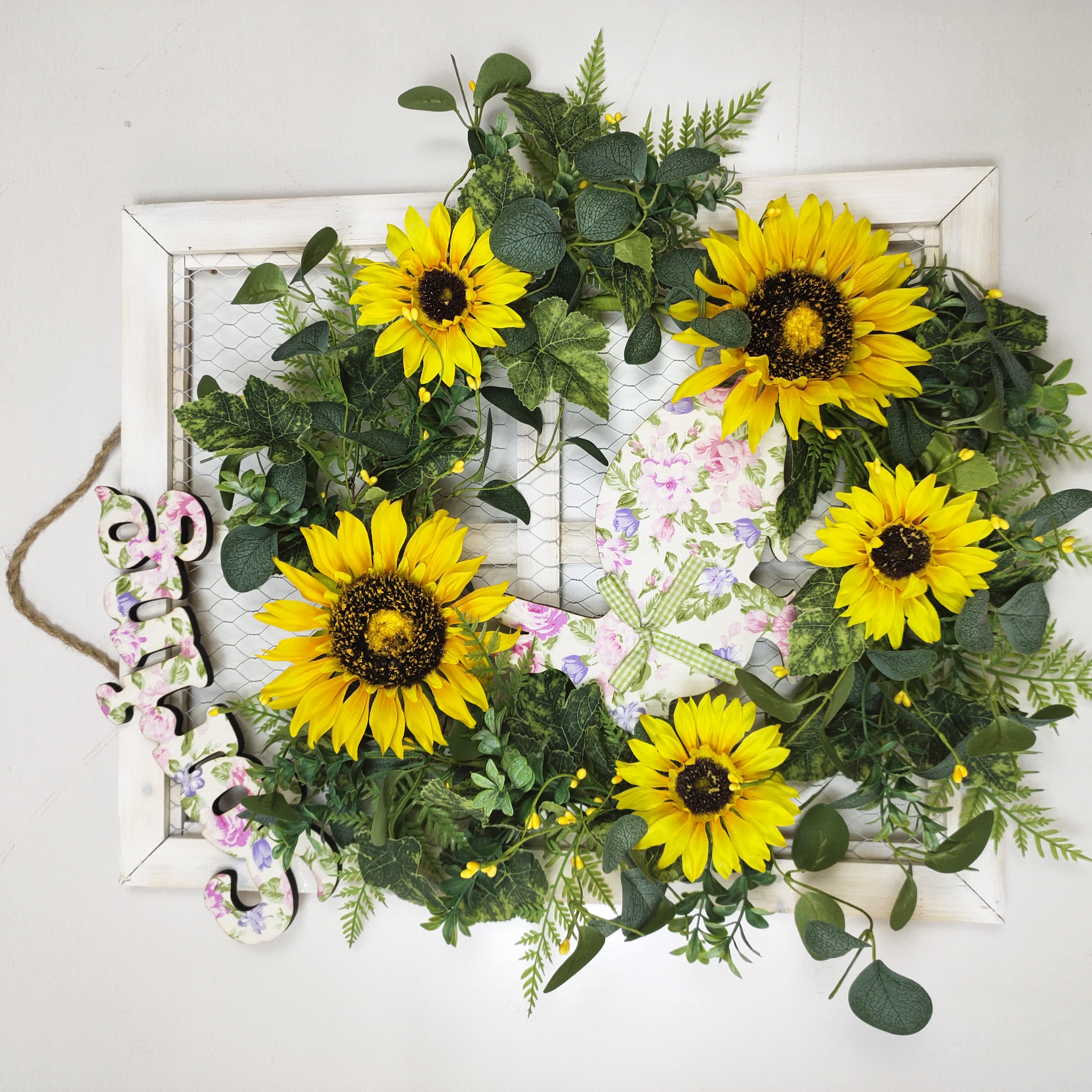 Window wreath with sunflower and rabbit