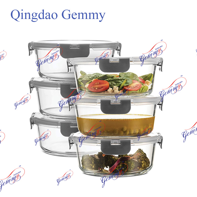 6pieces round High borosilicate glass food container leak proof, freezer, microwave, ovenware safe