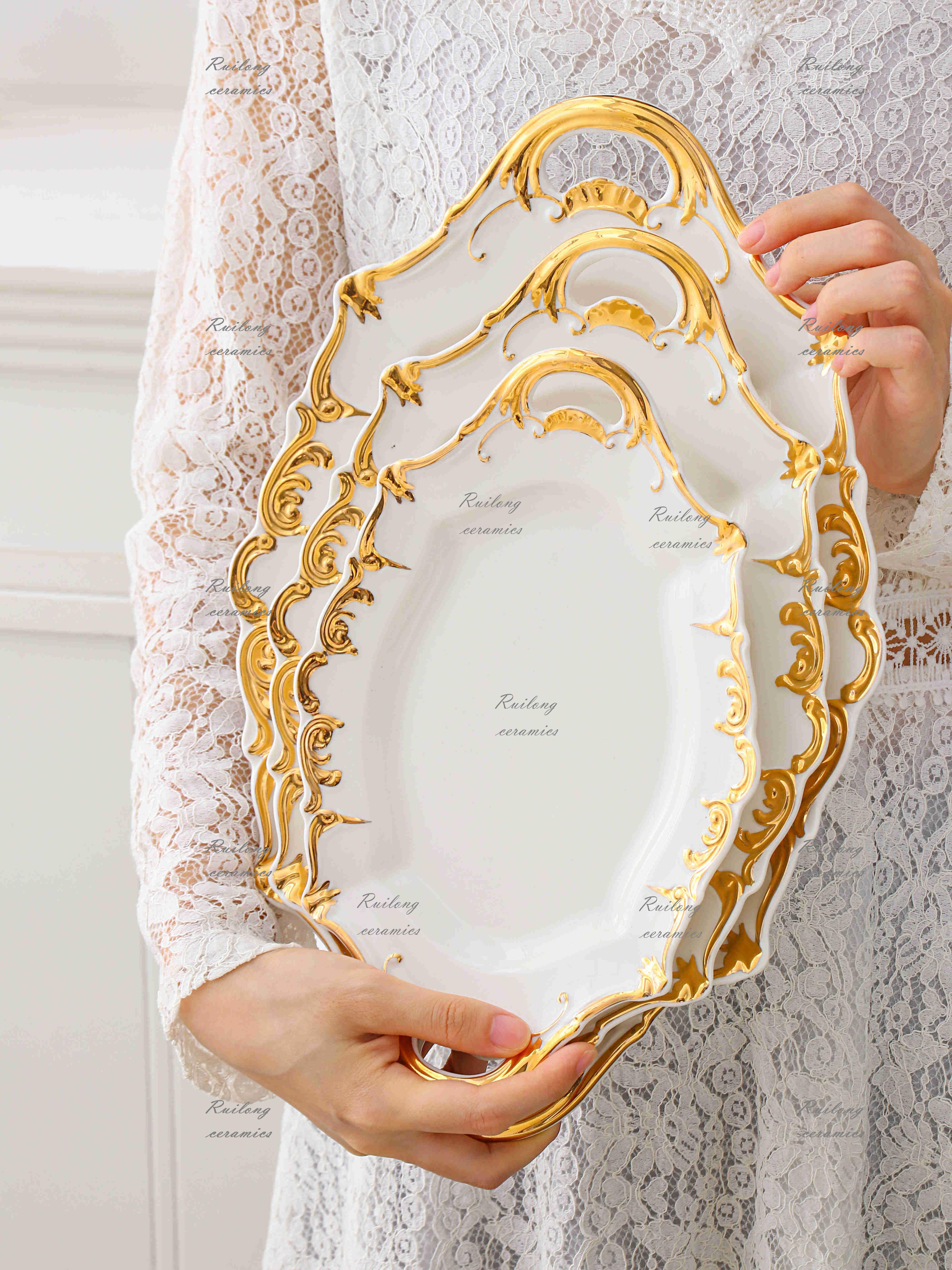 Wholesale painted modern restaurant gold rimmed double ears ceramic oval plates