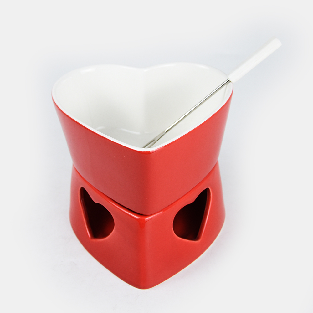 stoneware 2-tone glaze heart shape fondue set with ss forks