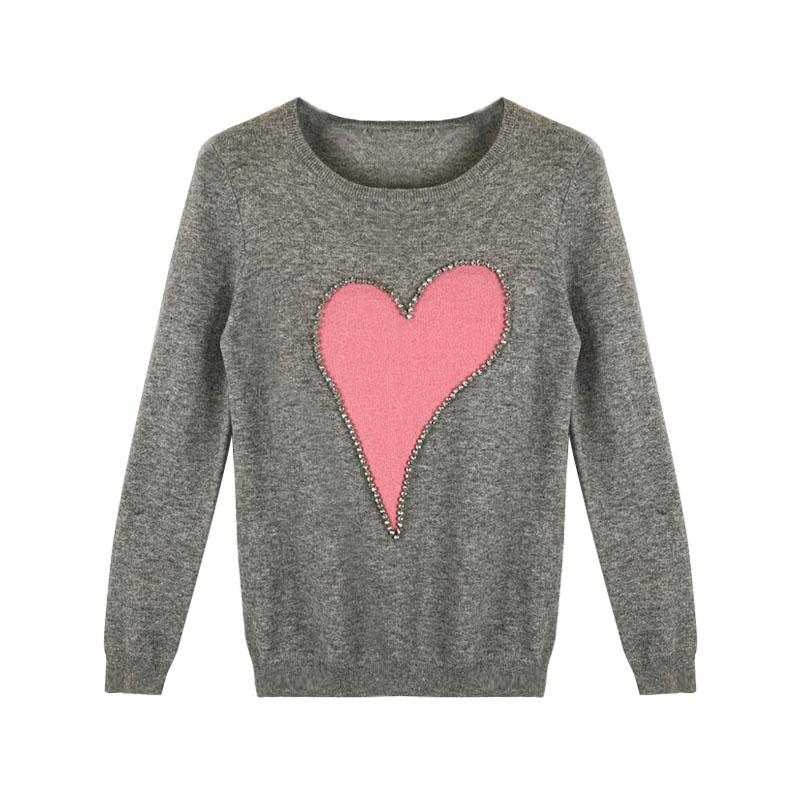 Women's Jacquard nail bead Crew Neck 100%Cashmere pullover Sweater