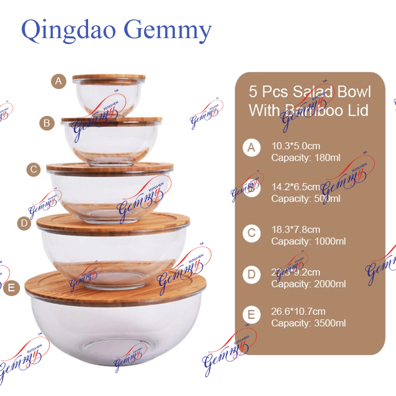 High borosilicate glass salad bowl with bamboo lid