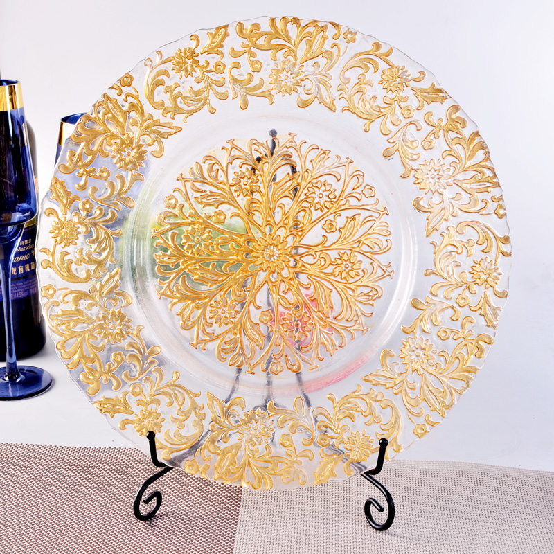Gold silver rose gold glass charger plate, flower patterns, hot sale