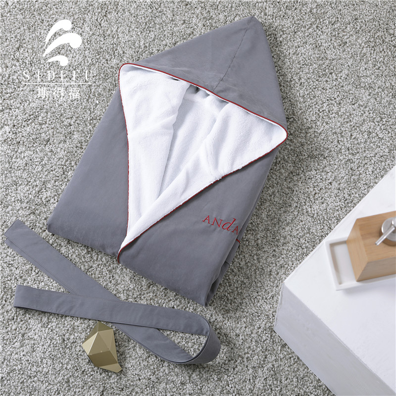 Star Hotel Hooded Microfiber Bathrobe White Grey